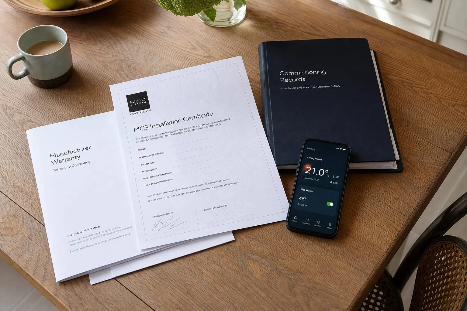 MCS certificate, warranty and commissioning records handover pack