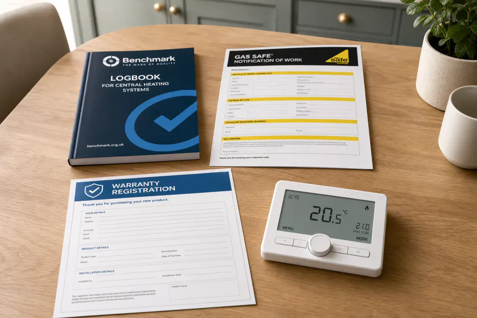 Boiler Benchmark logbook, Gas Safe notification and warranty documentation