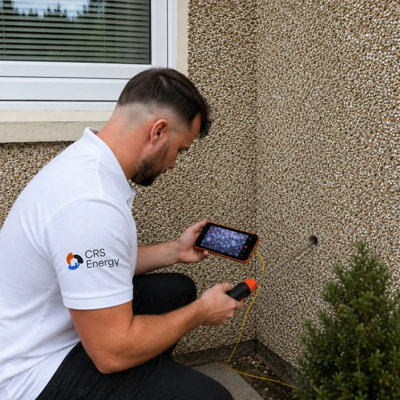 PAS 2030 cavity wall surveyor inspecting with borescope tooling