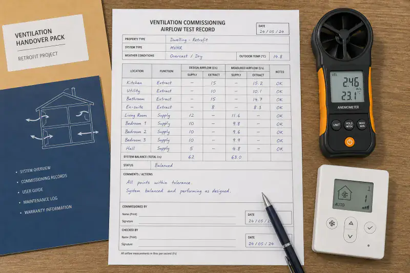 Ventilation commissioning record, airflow readings and controls
