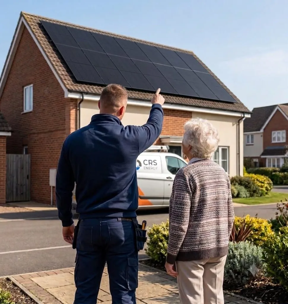 CRS Energy engineer pointing out a customer's new rooftop solar panels while she looks on
